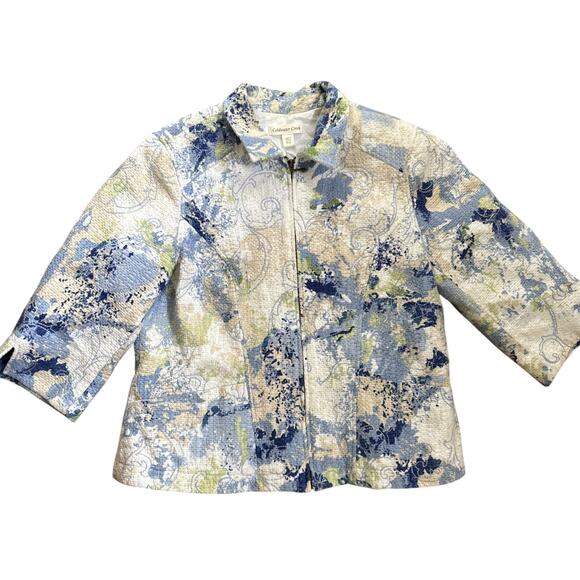 Coldwater Creek Jackets & Blazers - Coldwater Creek Blue White Painterly Floral Front Zip Jacket Size 14P MSRP $119